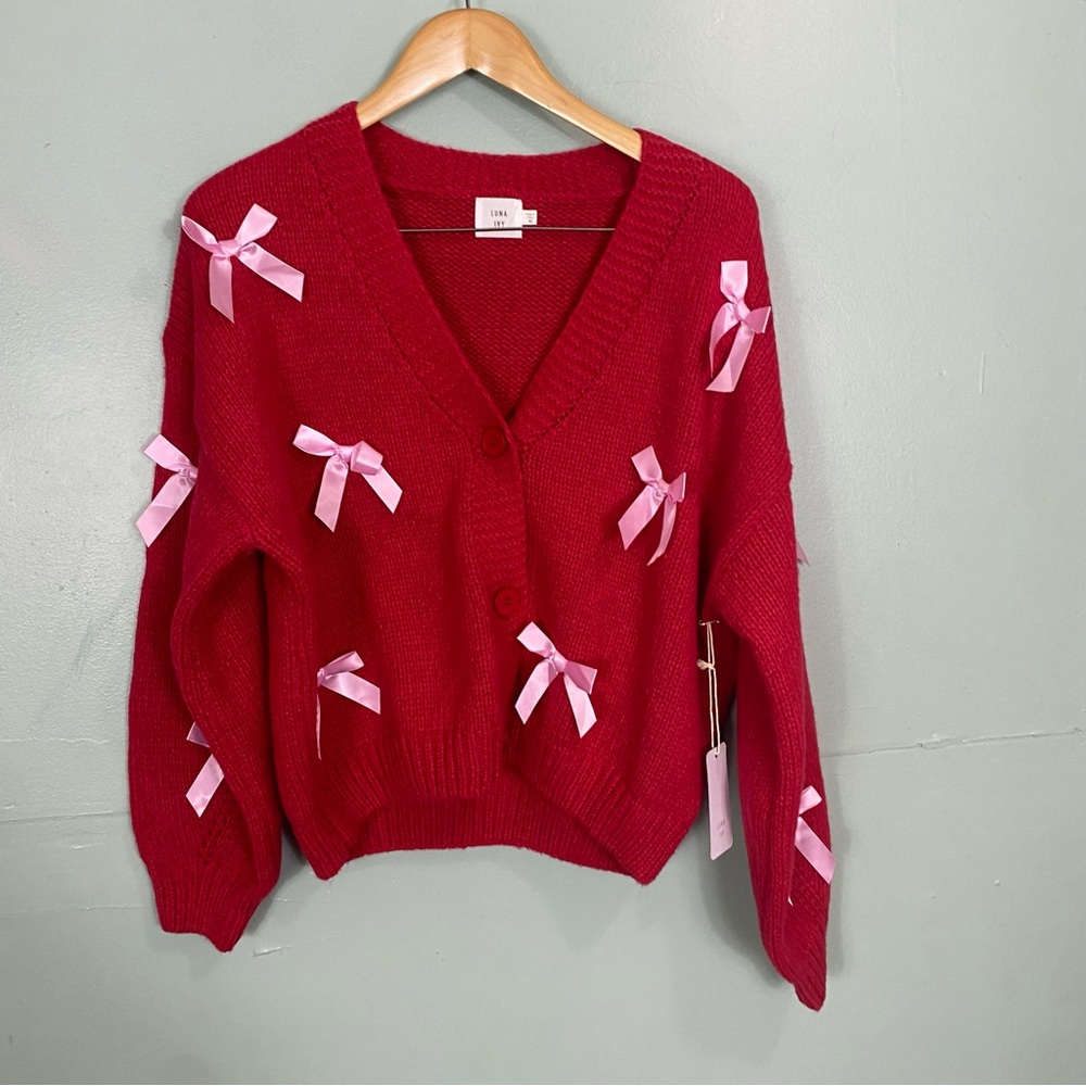Luna Ivy Cardigan Bow Red Chunky Knit Size Medium